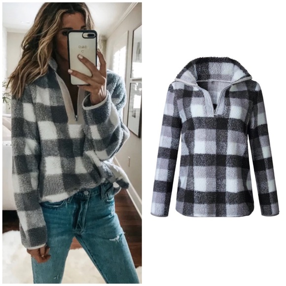 Tops - Gray Checkered Buffalo Fleece Half Zip Pullover